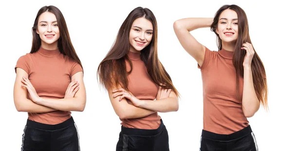 Collage Drie Gelukkig Mooi Brunette Meisjes Geïsoleerd Witte Achtergrond — Stockfoto