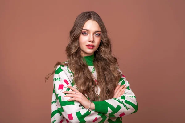 Studio Portrait Young Beautiful Teenage Girl Beige Background — Stock Photo, Image