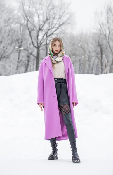 Retrato Larga Duración Joven Hermosa Niña Posando Parque Invierno — Foto de Stock