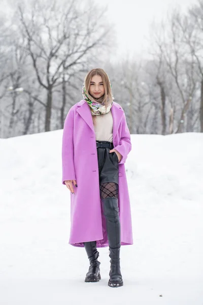 Full Length Portrait Young Beautiful Girl Posing Winter Park Stock Image