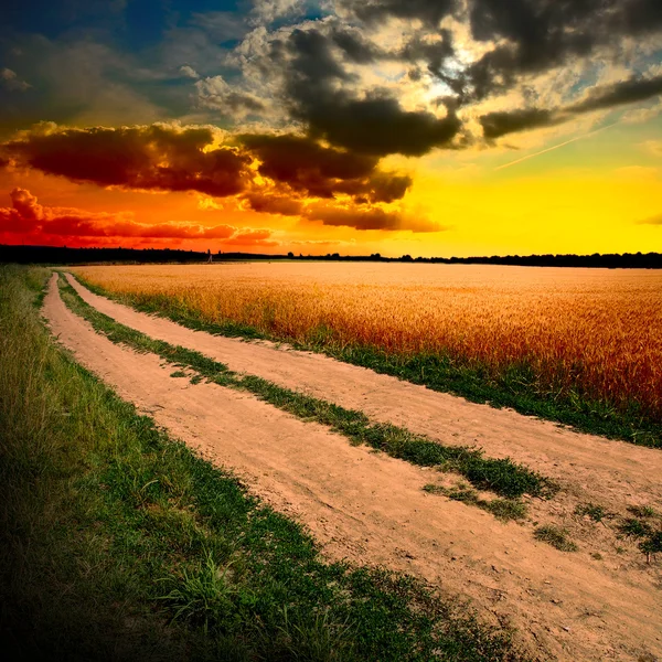 Marken road vid solnedgången — Stockfoto