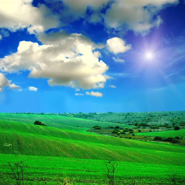 Campo verde com o céu — Fotografia de Stock