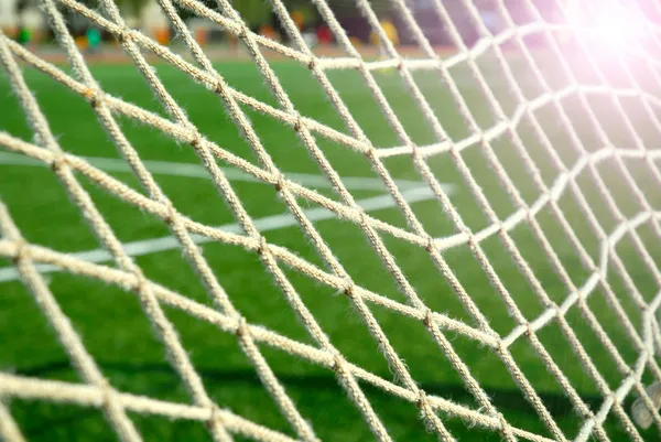 Fotbal mřížka na zelené louce — Stock fotografie