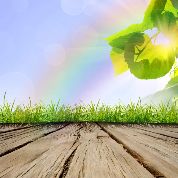 Houten tafel op de natuur backgroung — Stockfoto