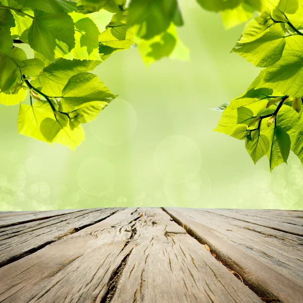 Holztisch mit naturgrünem Hintergrund — Stockfoto