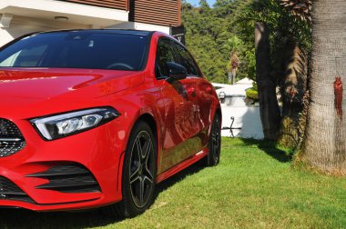 Yeşil çimlerin üzerinde modern kırmızı spor bir sedan.