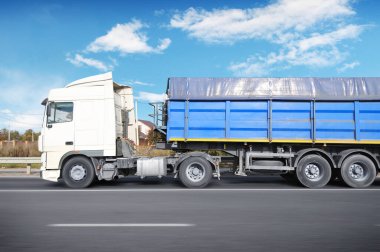 Kırsal bir yolda mavi metal konteynırlı büyük beyaz bir kamyon bulutlu mavi bir gökyüzüne doğru ilerliyor.