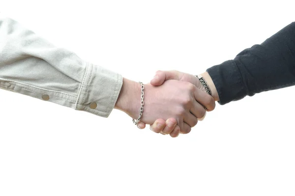 Close Dois Homens Apertando Mãos Isoladas Fundo Branco — Fotografia de Stock