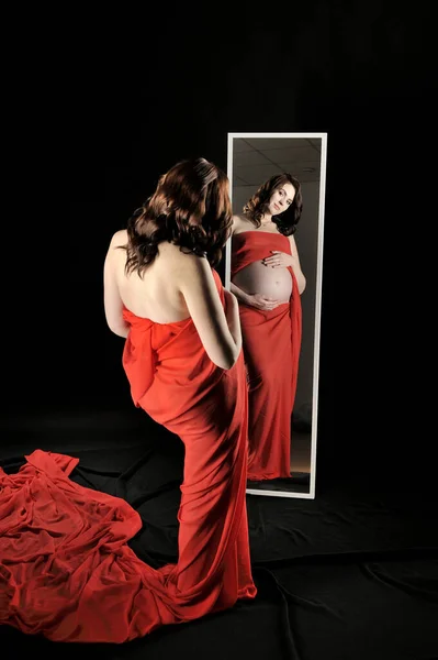 Beautiful Attractive Pregnant Woman Red Dress Standing Showing Her Belly — Stock Photo, Image