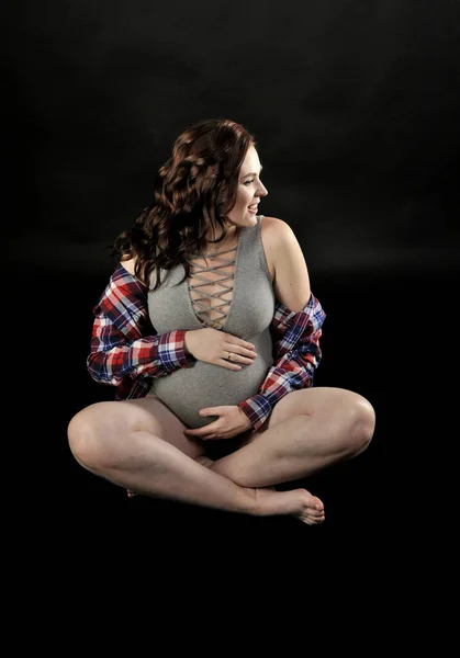Beautiful Pregnant Woman Gray Bodysuit Plaid Shirt Sitting Crossed Legs — Stock Photo, Image