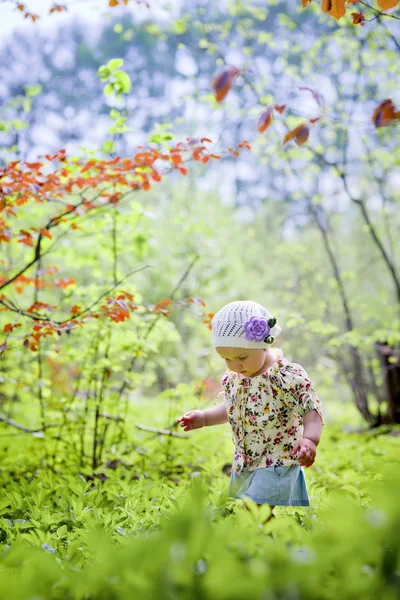 Little girl in spring forest — Stock Photo, Image