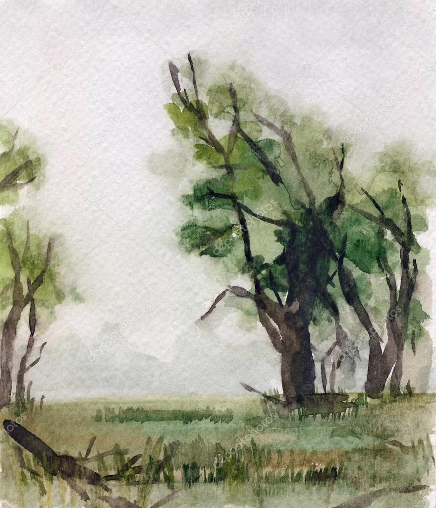 Beautiful watercolor landscape with trees