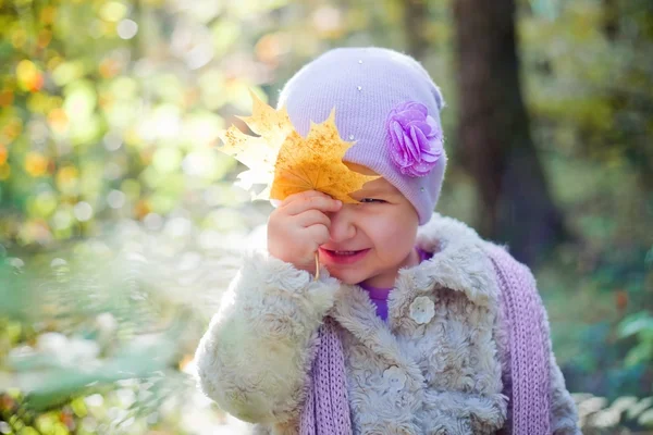 Little girl playing with leaves in autumn park — Stock Photo, Image