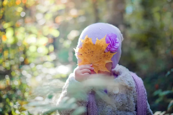 Niña jugando con hojas en el parque de otoño — Foto de Stock