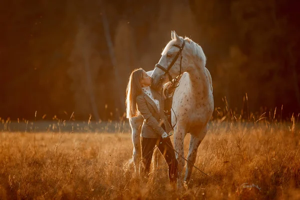 Bella Giovane Donna Stile Inglese Cacciatore Indossare Con Knabstrupper Cavallo — Foto Stock