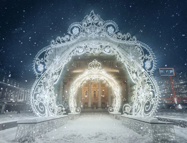 Velké Divadlo Bolshoy Theatre Vánoční Osvětlení Moskva Rusko — Stock fotografie
