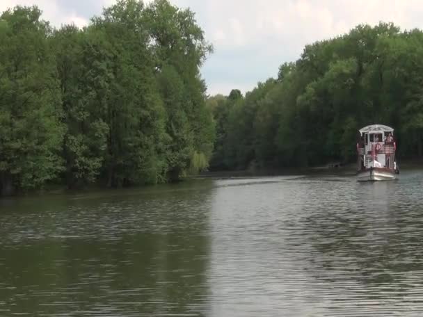 En un día claro, soleado, caliente, un bote pequeño placer flota sobre el río — Vídeo de stock