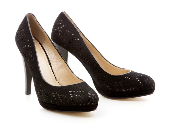 Černá, dámské boty na bílém pozadí — Stock fotografie