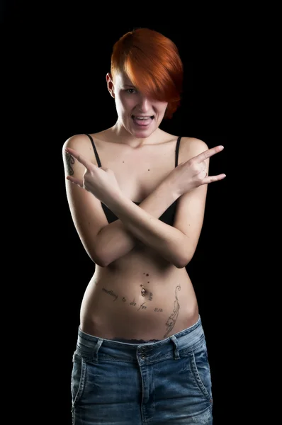 Woman with short red hair in black underwear — Stock Photo, Image