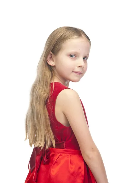 Μικρό χαριτωμένο κορίτσι με κόκκινο φόρεμα — Φωτογραφία Αρχείου