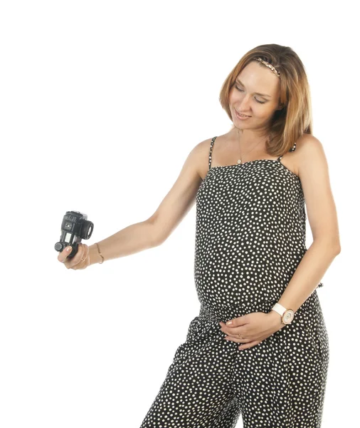 Pregnant woman with photo camera — Stock Photo, Image