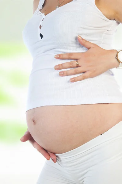 Gravid kvinna som håller i magen Stockfoto