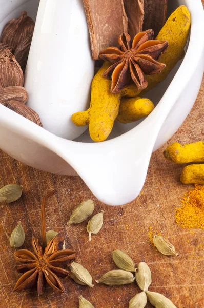 Mortar with dried spices — Stock Photo, Image