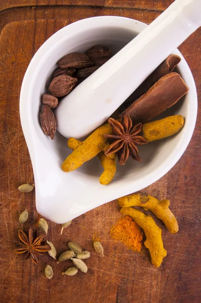 Mortar with dried spices — Stock Photo, Image