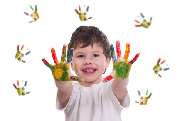 Barn med händerna målade med färgglad färg — Stockfoto