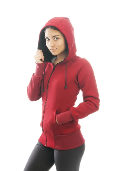 Indian woman in red sweatshirt and hood — Stock Photo, Image