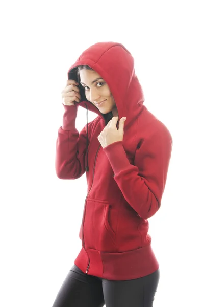 Woman in red sweatshirt and hood — Stock Photo, Image