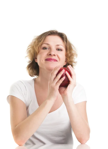 Nő vörös almával — Stock Fotó