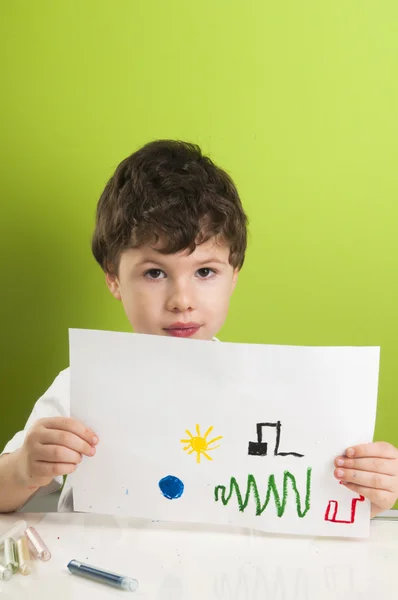 Little painter holding picture — Stock Photo, Image