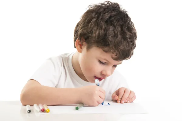 Jongen tekenen met blauwe crayon — Stockfoto