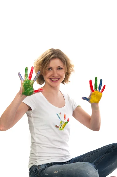 Frau mit Händen mit bunter Farbe bemalt — Stockfoto
