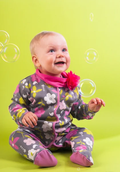 Baby girl with soap bubble — Stock Photo, Image