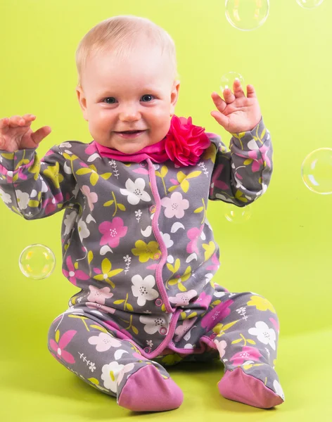 Cute baby girl with soap bubble — Stock Photo, Image