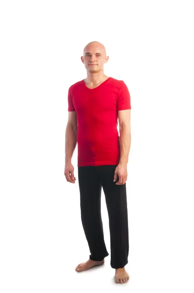 Łysy mężczyzna w kolorze czerwonym t-shirt — Zdjęcie stockowe