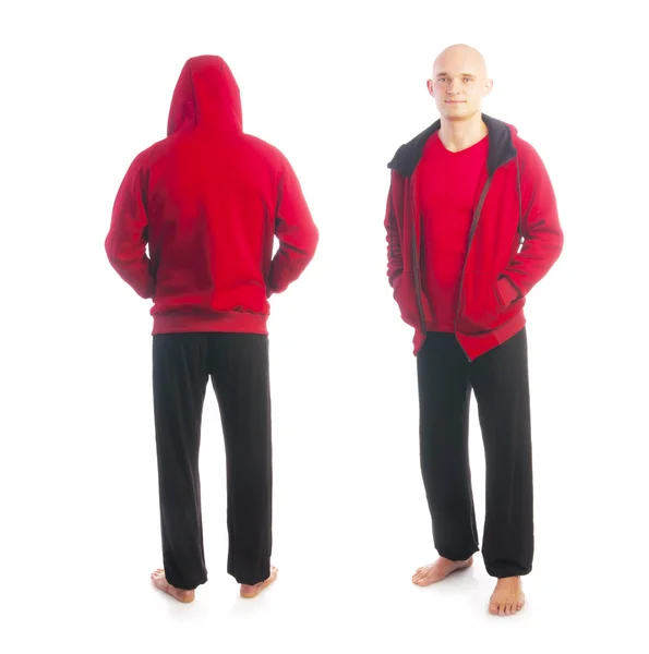 Vista posterior y frontal del hombre calvo en chaqueta roja deportiva — Foto de Stock