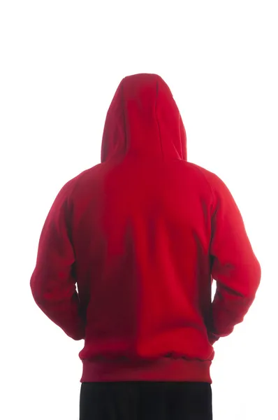 Visão traseira do homem no esporte casaco vermelho com capuz — Fotografia de Stock