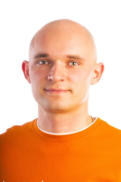 Homem bonito careca em camiseta laranja — Fotografia de Stock