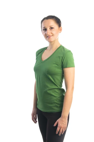 Красивая женщина в зеленой футболке — стоковое фото