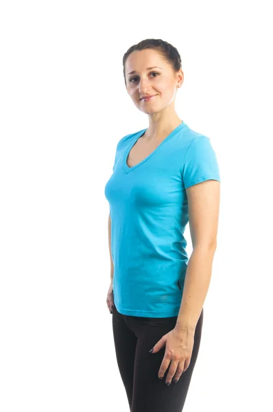 Hübsche Frau im blauen T-Shirt — Stockfoto