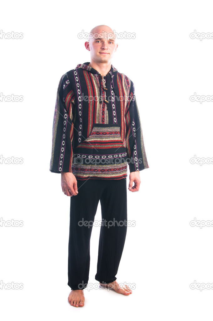 Young bald man in embroidered shirt