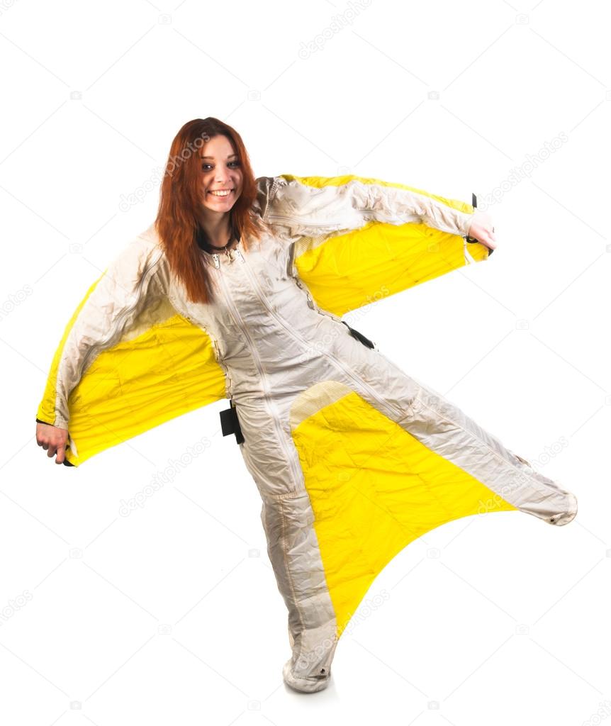 Smiling woman in wingsuit