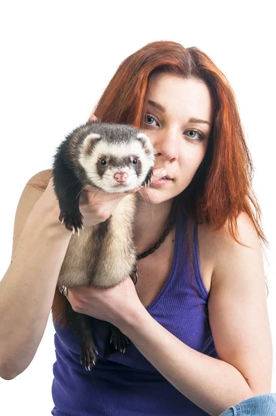 Beautiful woman holding ferret — Stock Photo, Image