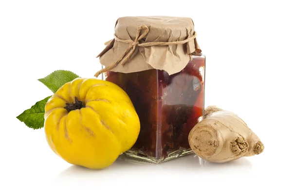 Jar of quince jam with fresh quince fruit and ginger — Stock Photo, Image