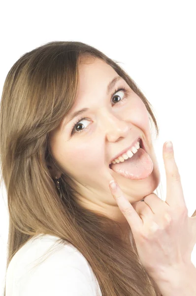 Woman showing horns gesture — Stock Photo, Image