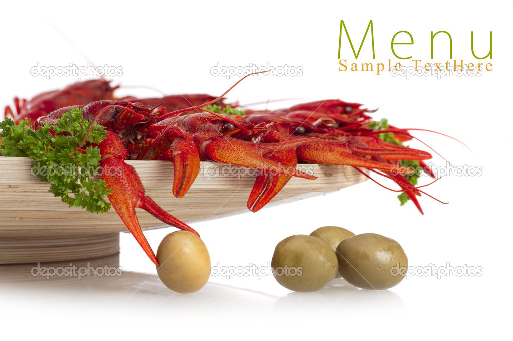 Menu of boiled crawfish with olives and parsley