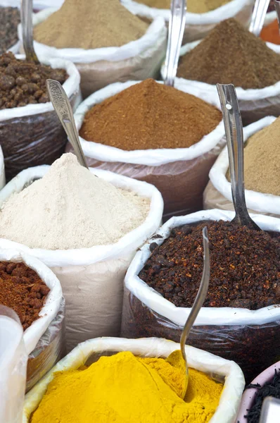 Various of Indian colored powder spices